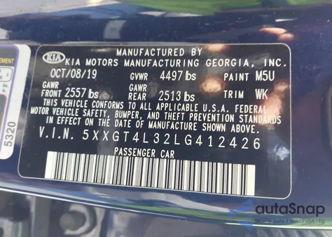 2020 Kia Optima S from USA, damaged, VIN 5XXGT4L32LG412426